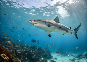 Obraz premium A shark swims underwater, showing off its power and grace. Its sleek body glides effortlessly through the clear water