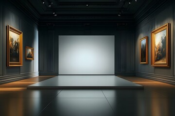 Modern Gallery Wall Mockup in Dark Museum Setting