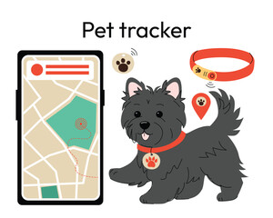 pet tracking system featuring a dog wearing a smart GPS collar, a tracking app on a smartphone, and location icons. safety and modern technology, ideal for GPS pet trackers and smart pet accessories