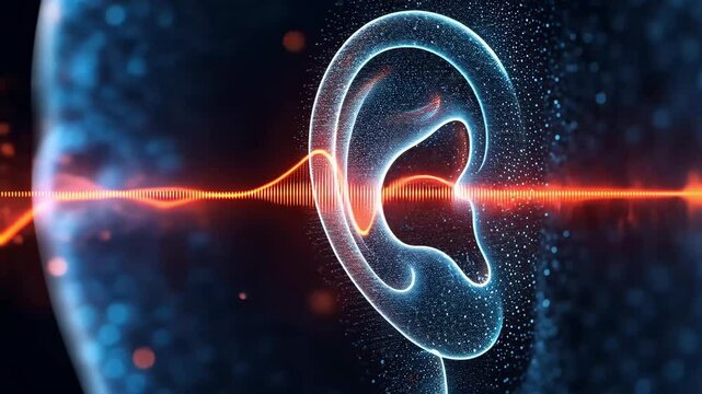 International Noise Awareness Day - Close-up of a human ear with sound waves approaching, showing protection visualization. 