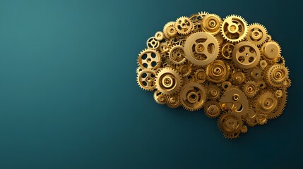 Intricate Gold Gears Shape Brain Silhouette on Teal Background