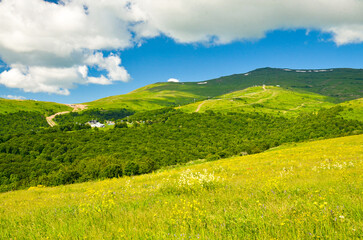 Fototapeta premium Tsaghkadzor ski resort and Teghenis Mountain in summer scenic view (Kotayk province, Armenia)