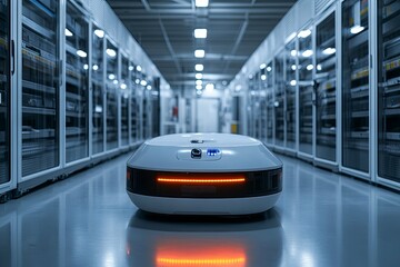 Obraz premium A futuristic robot navigating a data center hallway with servers