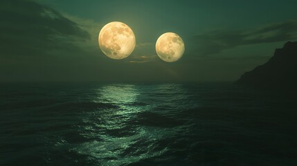 Dual Moons Reflecting on Calm Ocean Under a Starry Night Sky