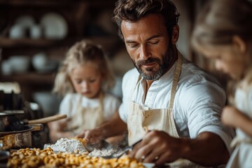A man and his partner organize family activities, cook meals with the children, or engage in other creative activities.