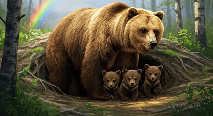 Spring awakening of the bear from hibernation, Mother bear with cubs emerging from the den in a forest