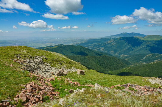 alpine meadow on Mount Teghenis  with Ararat and Arailer mountains scenic view (Tsaghkadzor, Armenia)