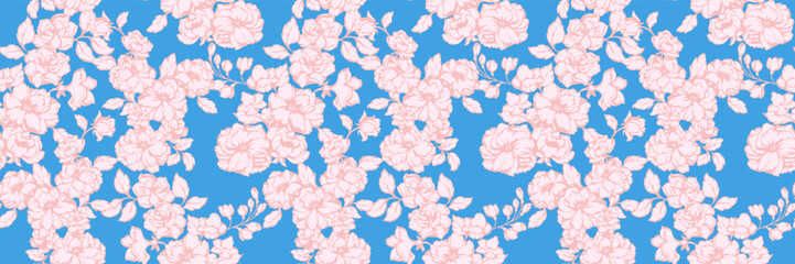 Seamless floral pattern with soft pink blooming flowers and leaves on a vibrant blue background. Ideal for fabric, wallpaper, packaging, and digital design. Elegant and cheerful floral design