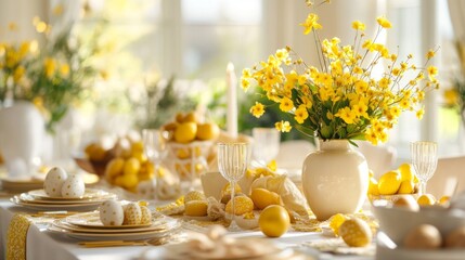 Elegant spring table setting with yellow flowers and Easter decorations