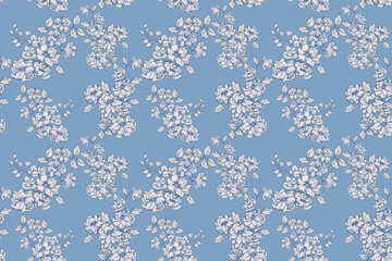 Seamless floral pattern with detailed flower clusters on a soft blue background. Elegant and sophisticated design ideal for fabric, stationery, wallpapers, and fashion projects.