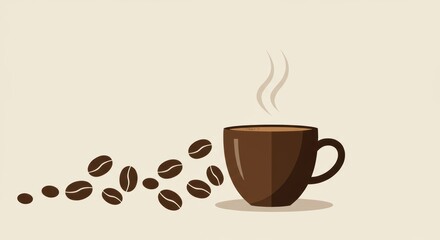 Obraz premium Steaming coffee cup with scattered coffee beans on a light background