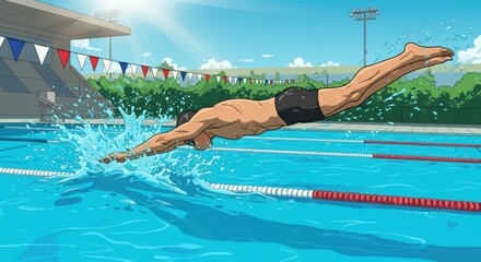 Diving athlete in outdoor pool under clear sky with sunlight and flags