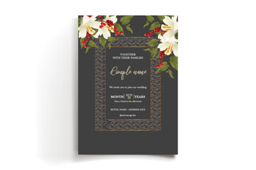 WEDDING INVITATION FRAME WITH FLOWER DECORATIONS AND FRESH LEAVES