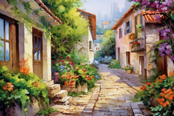 Naklejka premium idylistic landscape of a cute street in a small city on a sunny summer day, many flowers on the street, steps., watercolor painting , Generative AI