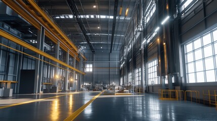 Factory interior, machinery, production, industrial, spacious, sunlight, steel, modern, clean, manufacturing