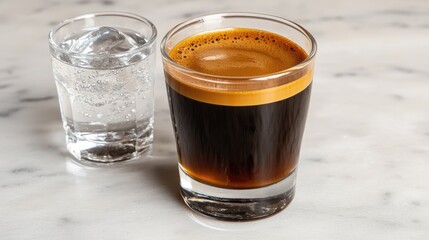Savoring brewed espresso and refreshing water indoor cozy setting close-up beverage photography taste experience delight