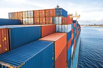 Fototapeta premium A large container ship filled with many shipping containers on water