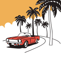 Vintage Red Convertible Car with Palm Trees – Retro 1960s Coastal Road Illustration – Black and White Design with Sunset Accent for Nostalgic Tropical Vibes