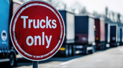 Red traffic sign indicating 'Trucks Only' with a row of trucks parked in the background on a sunny day