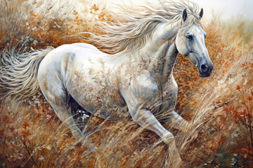 white horse in a field among tall autumn grass,.  watercolor style, Generative AI