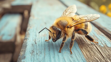 Bee perched on weathered blue wood, nature background