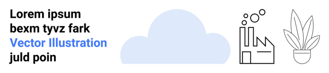 Central cloud element, minimal industry and leaf outlines emphasizing balance between environment and innovation. Ideal for sustainability, ecology, clean energy, industry innovation, technology