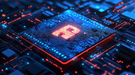 Obraz premium Closeup of a Microchip with the Number 10 Illuminated in Red on a Circuit Board with Blue and Red Lighting Effects