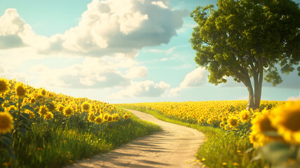 Winding Path Through a Blooming Sunflower Field on a Sunny Day