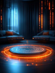 Obraz premium Futuristic Hologram Interface Glowing Orange and Blue in Dark Modern Room