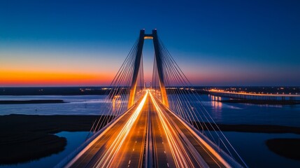 Fototapeta premium A bridge with many sides, lit up at night, against a blue sky. The lights illuminate the road below. 