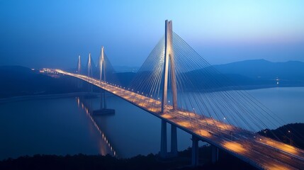 Obraz premium A bridge with many sides, lit up at night, against a blue sky. The lights illuminate the road below. 