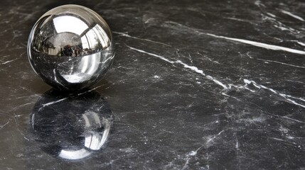 Reflective Metal Sphere on Dark Marble Surface with Unique Patterns
