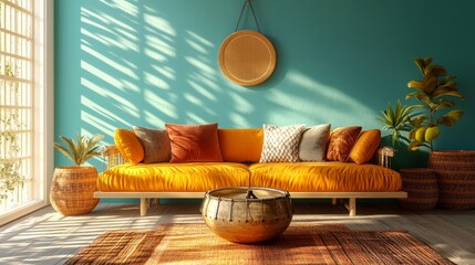 A bright living room with a sofa and a hang drum on a table.
