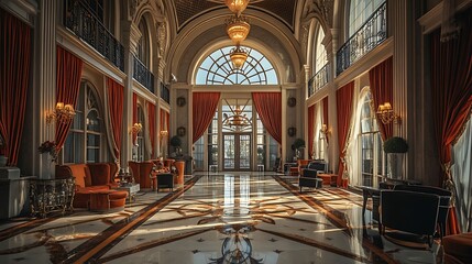Obraz premium Entering Grand Lobby with Marble Floors and High Arched Windows