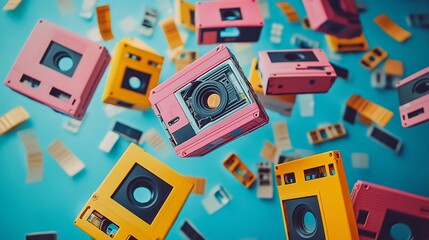 Cassettes floating against blue. Colorful, Retro music. Nostalgia background