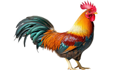 Fototapeta premium Majestic rooster with vibrant plumage on a transparent background, showcasing detailed feathers and vivid colors in a striking animal portrait