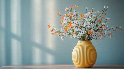 Vibrant wildflowers in a yellow vase stand proudly on a wooden surface, illuminated by soft light. The colors and textures create a warm, inviting ambiance in the room