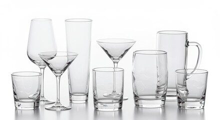 Elegant glassware collection on white background displaying diverse shapes and sizes in modern style