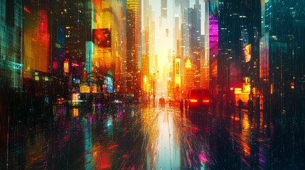 Fototapeta premium Rainy city street glows with vibrant light.