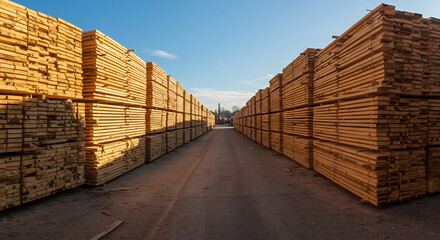 Explore Stacks of Lumber in a Brightly Lit Warehouse Setting