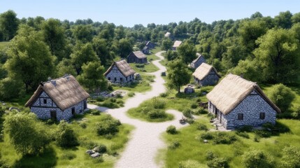 Picturesque village nestled amidst lush forests.  Tranquil countryside scene with stone houses, thatched roofs, and winding paths