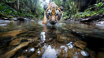 Majestic Tiger Stalking Through Shallow Water in Lush Jungle Environment