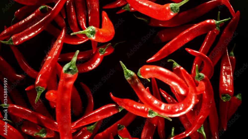Poster super slow motion of flying and rotating chilli peppers with dry chilli powder. black background. fi