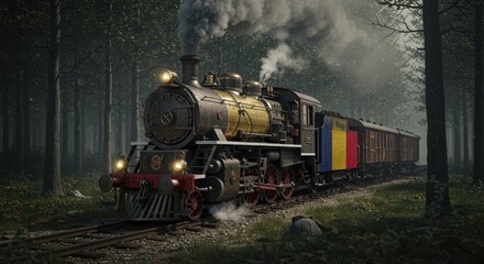 Naklejka premium Vintage steam train traveling through mystical forest on a misty day