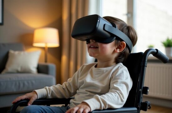 Child in wheelchair wearing virtual reality glasses - Powered by Adobe
