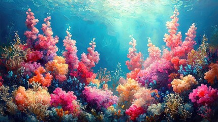 Fototapeta premium Vibrant Coral Reef Underwater Scene with Colorful Marine Life and Sunlight (1)