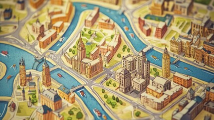 Obraz premium A city map shows different routes, including the fastest one. It's a simple, illustrated map showing streets and where to go. 