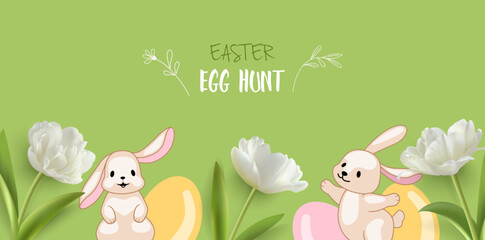 Easter egg hunt background. Funny bunnies on a plain green background between beautiful white tulips and Easter eggs