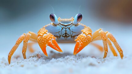 A crab is standing on a sandy beach with its claws outstretched