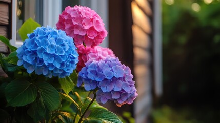 A cluster of vibrant hydrangea flowers in shades of blue, pink, and purple blooms beautifully in a garden.